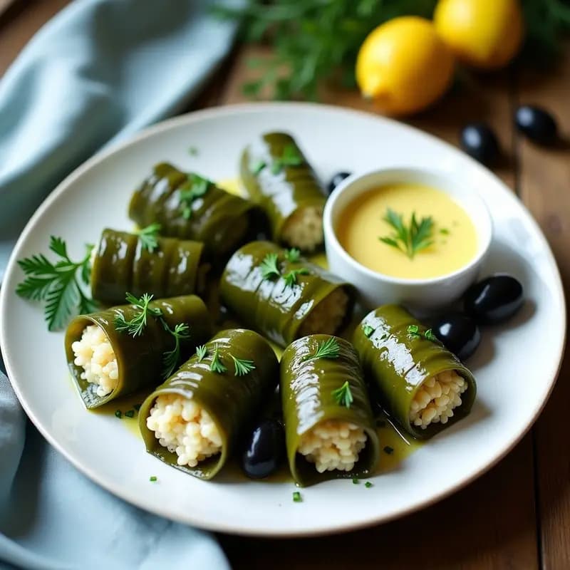 Dolmades de Arroz Basmati y Hierbas con Salsa Avgolemono: Receta Griega Vegana