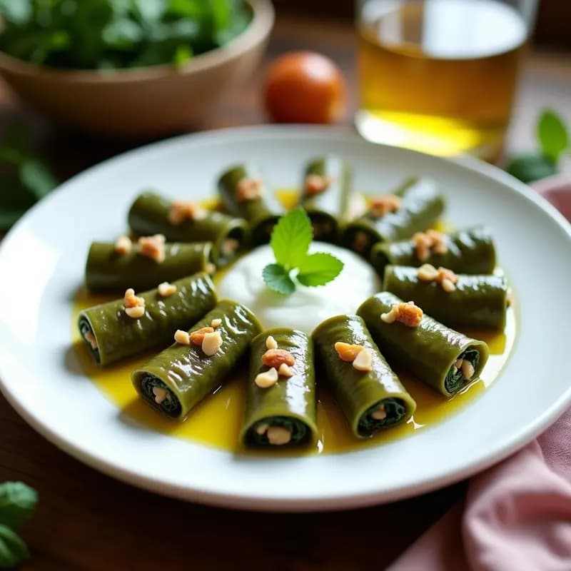 Dolmades de Espinaca y Piñones: Rollitos Griegos Veganos con Salsa de Yogur de Soja