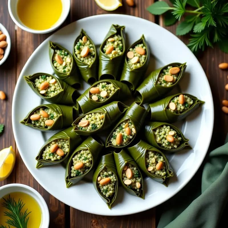 Dolmades de Espinacas y Piñones: Rollitos Griegos Rellenos de Arroz Basmati y Hierbas