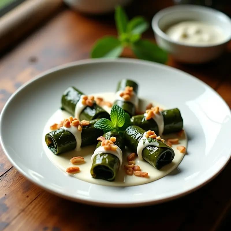 Dolmades de Espinacas y Piñones con Salsa de Yogur de Soja: Entrante Griego Vegano