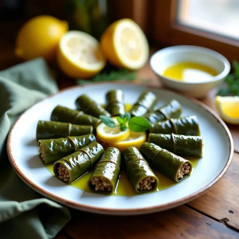 Dolmades Griegos de Hoja de Parra y Arroz Integral: Aperitivo Vegano con Limón y Aceite de Oliva