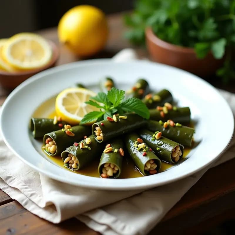 Dolmades griegos con hojas de parra y relleno de arroz salvaje y pistachos