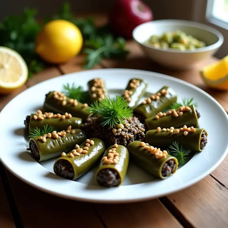 Dolmades de Hojas de Parra Rellenos de Arroz Silvestre y Piñones: Aperitivo Grecorromano