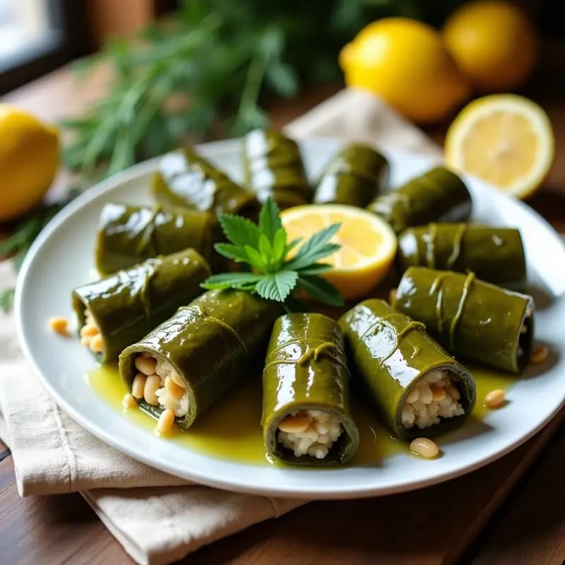 Dolmades de Parra con Arroz y Piñones: Entrante Griego al Vapor con Limón