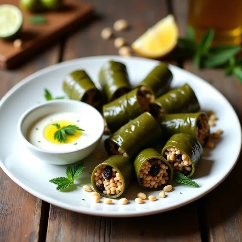 Dolmades de Uva y Piñones con Salsa de Yogur de Soja: Receta Griega Vegana en 30 Minutos