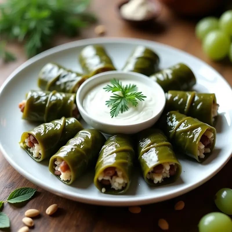Dolmades de Uvas y Arroz con Salsa de Yogur: Receta Griega Vegetariana en 20 Minutos