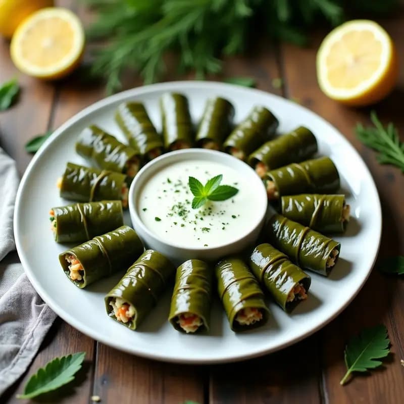 Dolmas de Arroz Salvaje y Hierbas con Salsa de Yogur de Soja: Aperitivo Griego Sin Lactosa