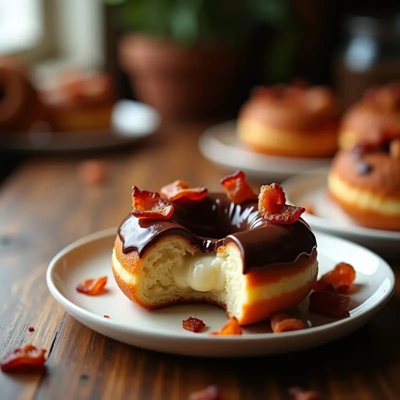 Donas Rellenas de Crema de Avellanas y Bañadas en Chocolate con Virutas de Bacon: Receta de Desayuno Indulgente