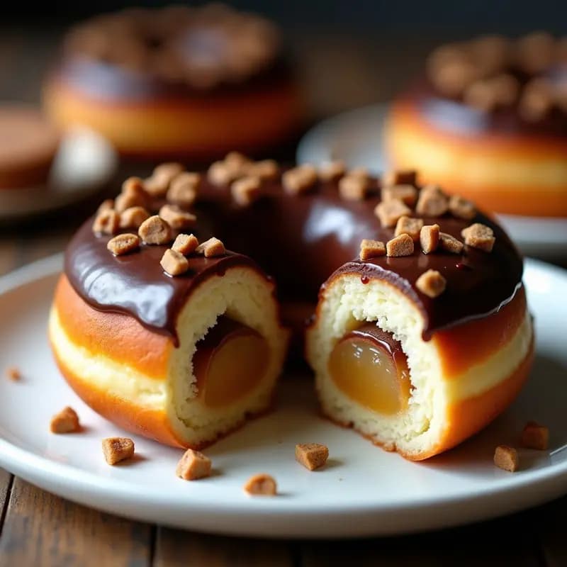 Donas Rellenas de Dulce de Leche, Plátano y Trozos de Snickers con Glaseado de Chocolate: Postre Diabólico