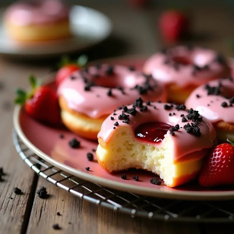 Donas Glaseadas Rellenas de Queso Crema y Mermelada de Fresa con Topping de Galleta Oreo Triturada: Decadencia en Cada Bocado