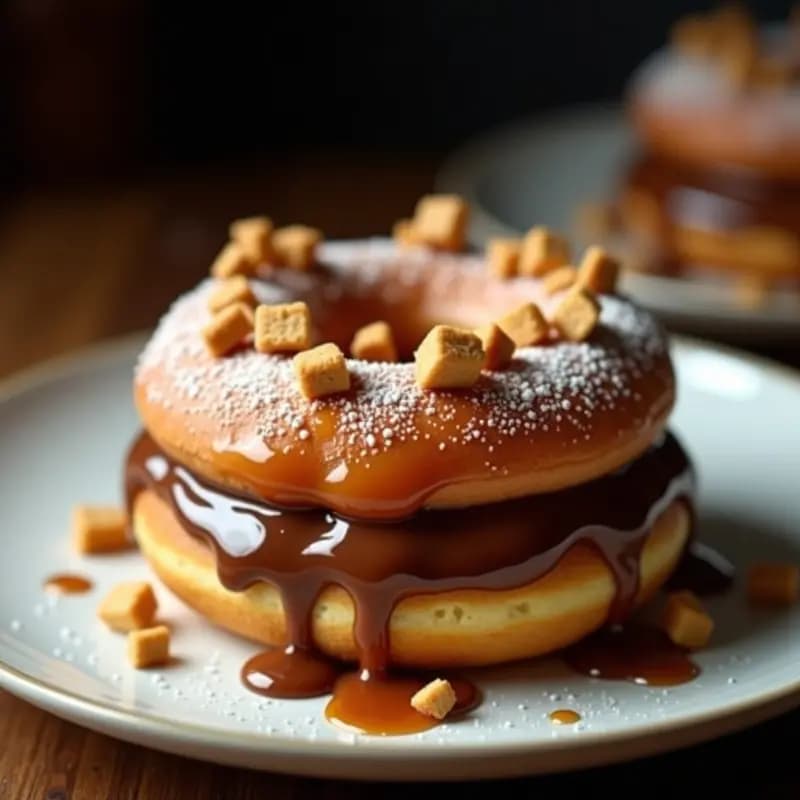 Donas Rellenas de Crema de Nutella y Toppings de Galletas Trituradas y Caramelo Líquido