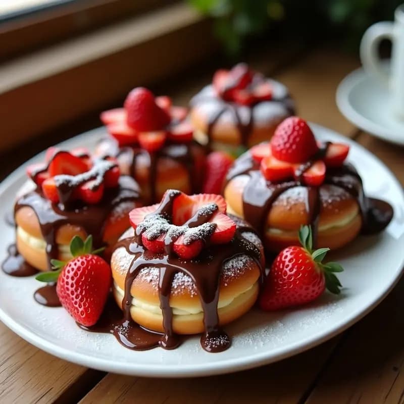 Donas Rellenas de Nutella y Topping de Fresas con Sirope de Chocolate: Desayuno de Campeones
