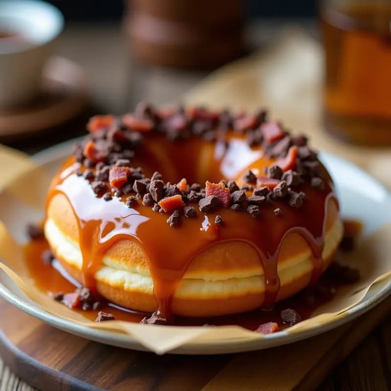 Donut de Bacon y Mapa de Arce Glaseado con Virutas de Chocolate Negro: Desayuno Canadiense Indulgente