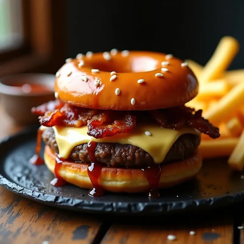 Donut Burger: Hamburguesa entre Dos Donuts Glaseados con Panceta y Queso Azul