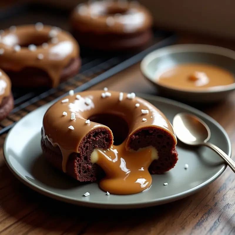 Donut de Chocolate Relleno de Crema de Avellanas y Bañado en Glaseado de Caramelo Salado