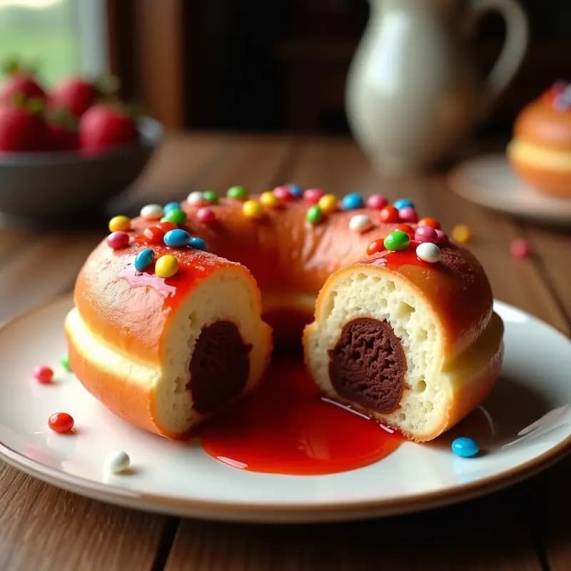 Donut Relleno de Crema de Chocolate, Toppings de Lacasitos y Sirope de Fresa: Postre de Ensueño