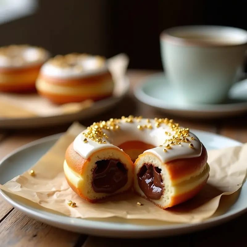 Donut Relleno de Nutella y Bañado en Chocolate Blanco con Virutas de Oro: Dulce de Lujo en Casa