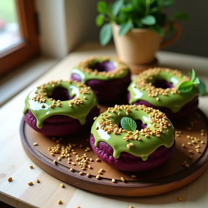 Donuts de Batata Morada con Glaseado de Matcha y Semillas de Chía Doradas
