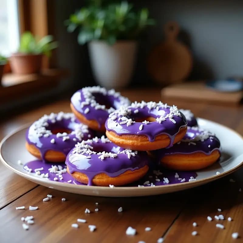 Donuts de Camote Morado con Glaseado de Coco y Espirulina: Desayuno Energético y Colorido
