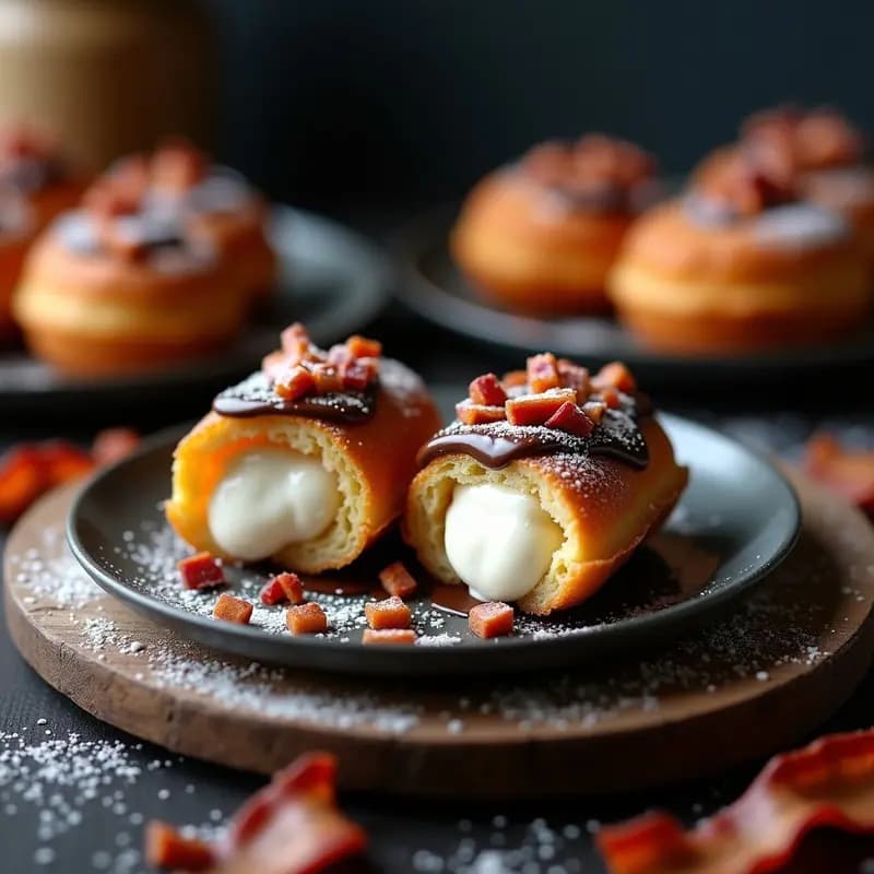 Donuts Rellenos de Crema Bavara y Bañados en Chocolate con Virutas de Bacón: Postre Salado-Dulce