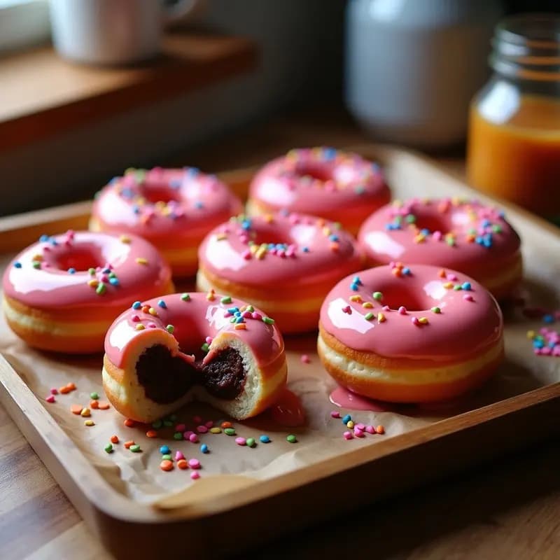 Donuts Rellenos de Crema de Chocolate y Cubiertos de Glaseado de Fresa con Sprinkles: El Desayuno Más Goloso
