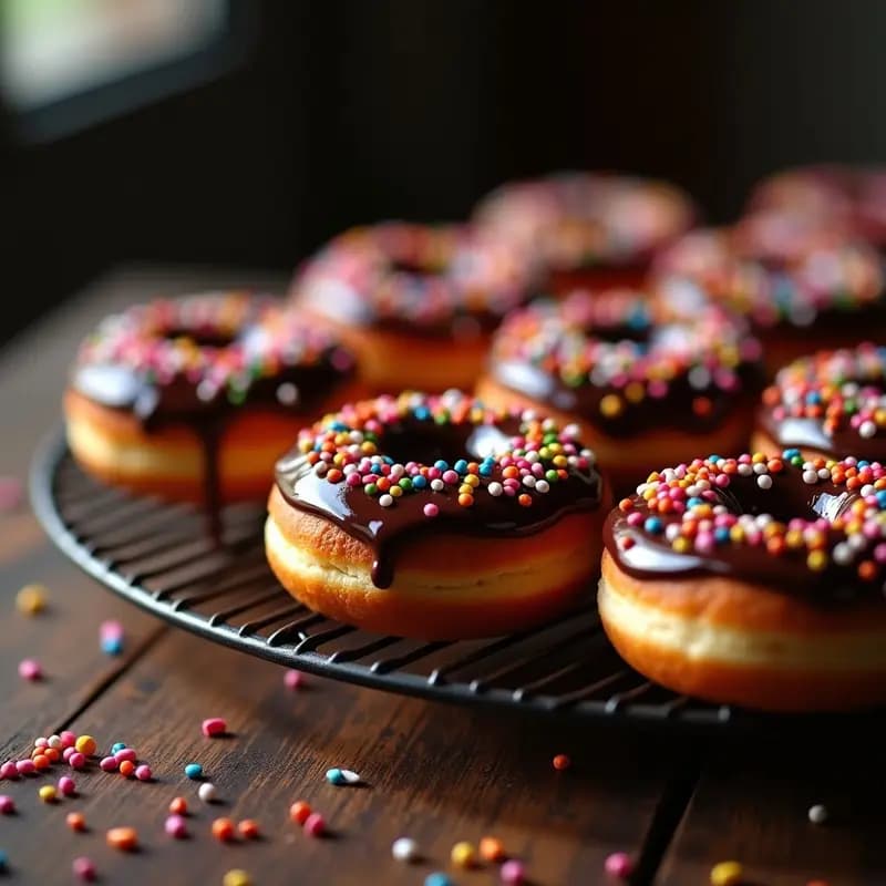 Donuts Glaseados Rellenos de Mermelada de Fresa y Bañados en Chocolate con Sprinkles: Dulce Tentación Irresistible