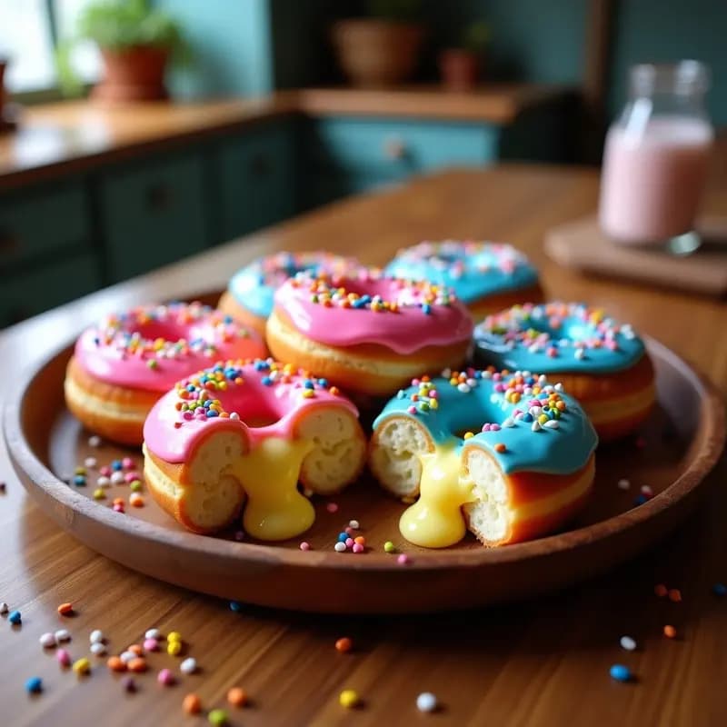 Donuts Glaseados con Sprinkles de Colores y Relleno de Crema de Vainilla: Postre Americanos para el Desayuno