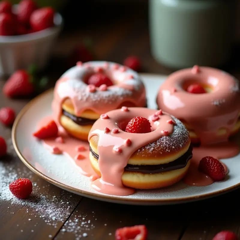 Donuts rellenos de crema de chocolate y bañados en salsa de queso crema y fresas: postre que combina texturas y sabores extremos