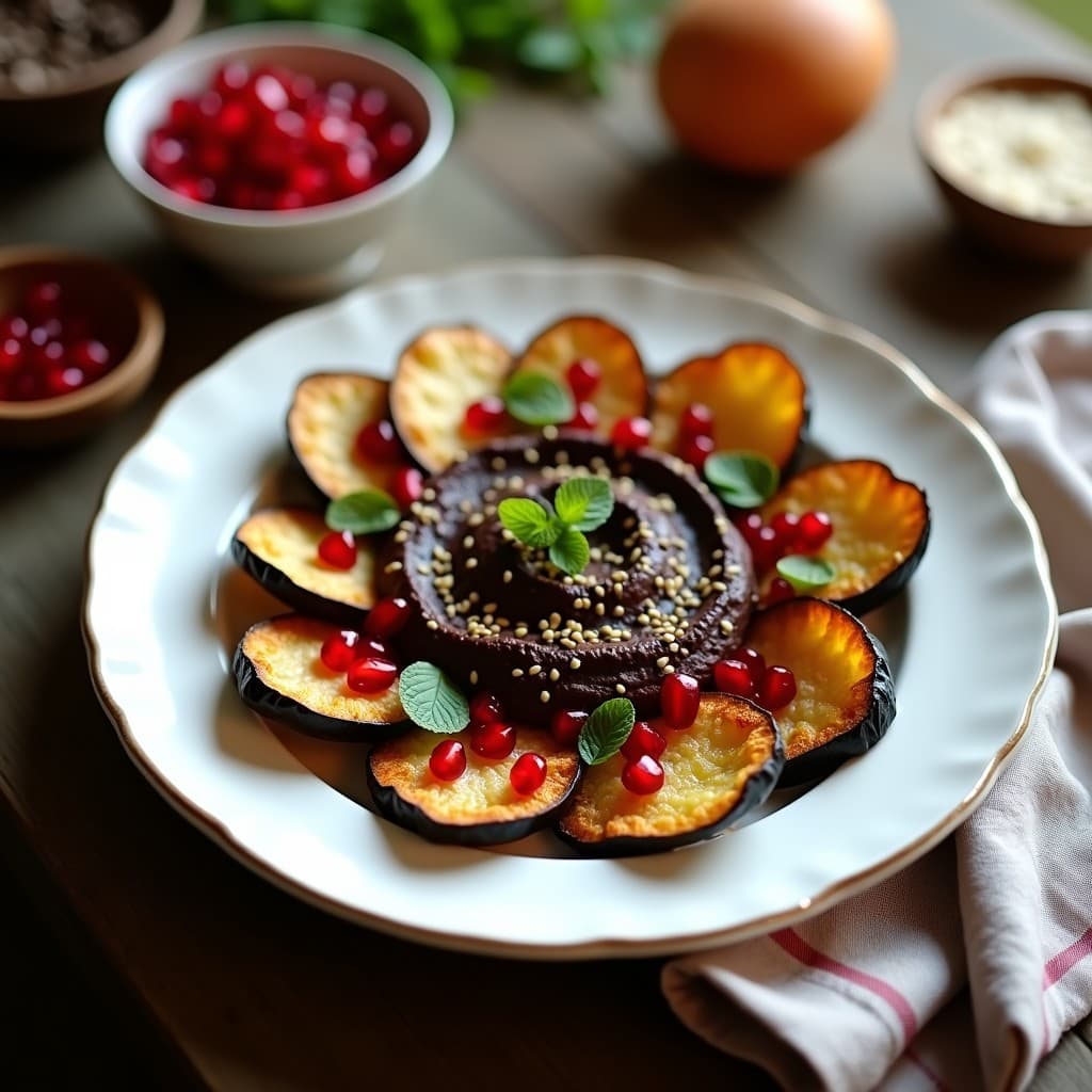 Doraditas de Berenjena con Hummus de Lentejas Negras y Granel de Granada: Entrante Árabe Vegano