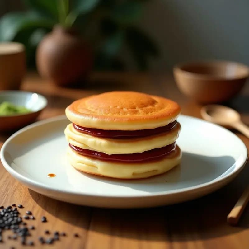Dorayaki Japonés de Red Bean: Panqueques Rellenos de Judías Azuki Dulces en Sartén