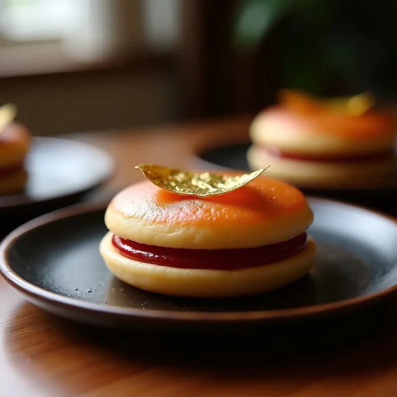 Dorayaki de Red Bean Paste y Hoja de Oro: Postre Japonés Gourmet en Sartén