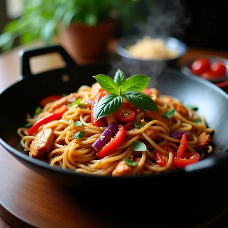 Drunken Noodles con Pollo y Basilico Santo: Pad Thai Tailandés Picante en Wok