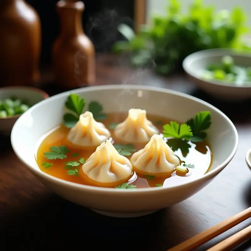 Dumplings de Camarón y Cilantro con Caldo de Jengibre: Receta China Ligera y Sabrosa