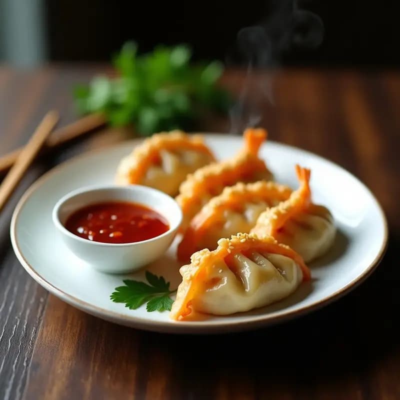 Dumplings de Camarón y Cilantro con Salsa de Chili: Receta China en Sartén Antiadherente