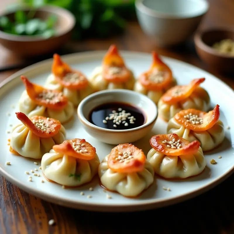 Dumplings de Camarón y Cilantro: Receta China Tradicional con Salsa de Sésamo y Vinagre