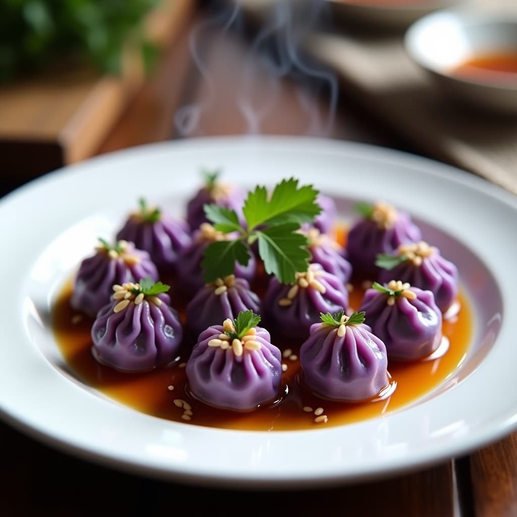 Dumplings de Camote Morado y Queso Azul: Receta al Vapor con Salsa de Miel y Soja