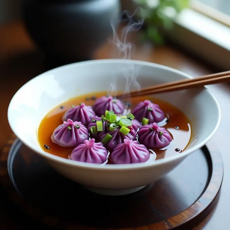 Dumplings de Col Morada y Jengibre en Caldo de Miso: Receta China Vegana con Toque fermentado
