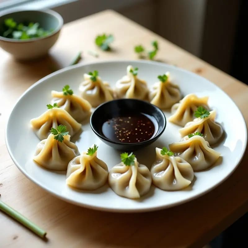 Dumplings al Vapor de Hongos Ostra y Bambú: Receta China Vegana con Salsa de Sésamo Negro