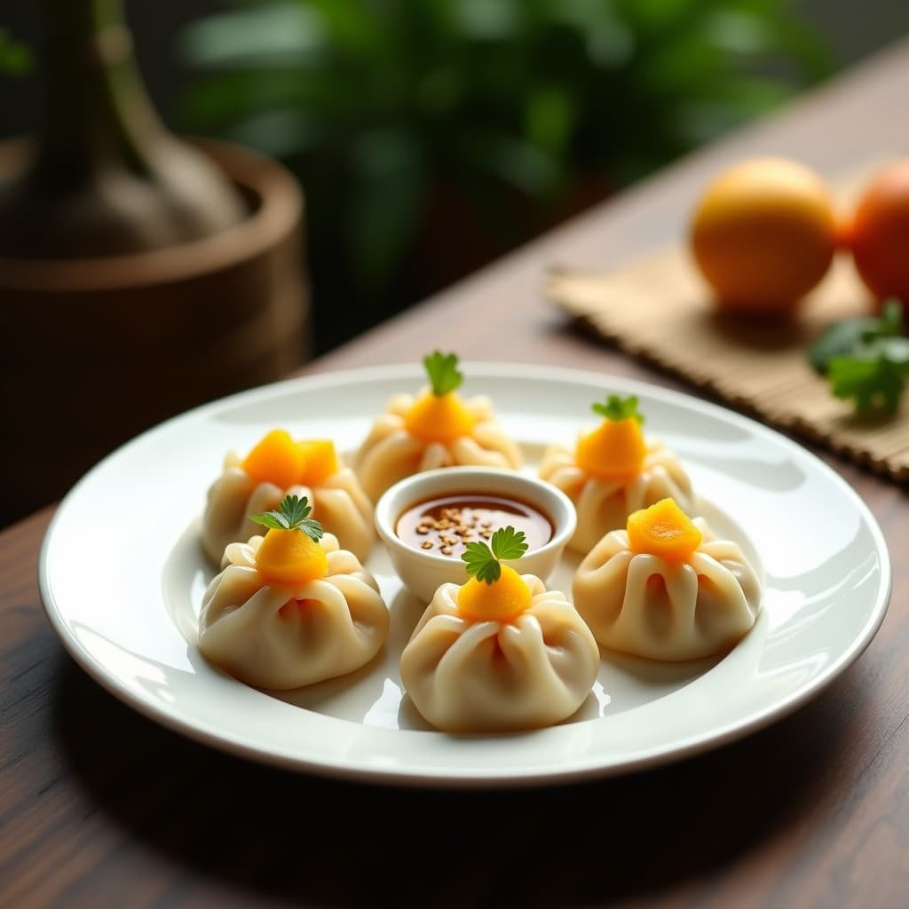 Dumplings de mango y tofu: Postre tailandés al vapor con salsa de tamarindo