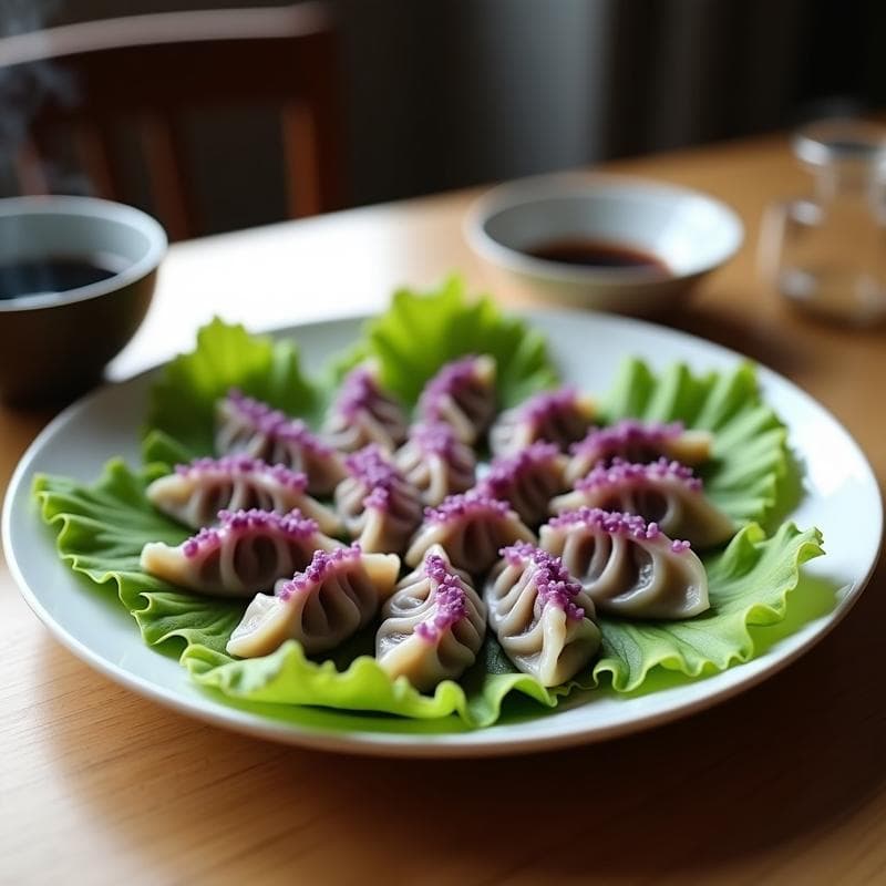 Dumplings de Repollo Morado y Hongos Shiitake: Receta China Vegana al Vapor con Salsa de Soja Negra