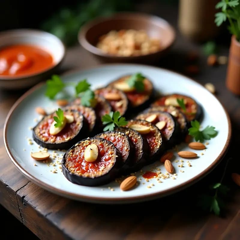 Embutidos de Berenjena Ahumada con Especias Marroquíes: Aperitivo Vegano Sin Cocinar