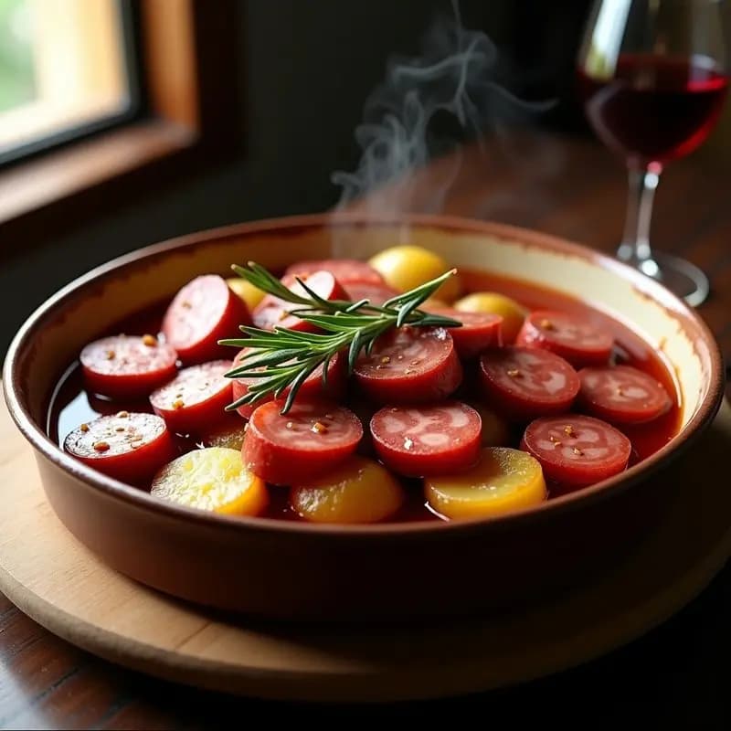 Embutidos al Vino Tinto con Patatas Panaderas: Receta de Tapeo Caliente