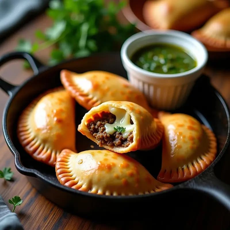 Empanadas Argentinas de Carne con Queso Mozzarella y Salsa Chimichurri: Sabores Intensos en Cada Bocado
