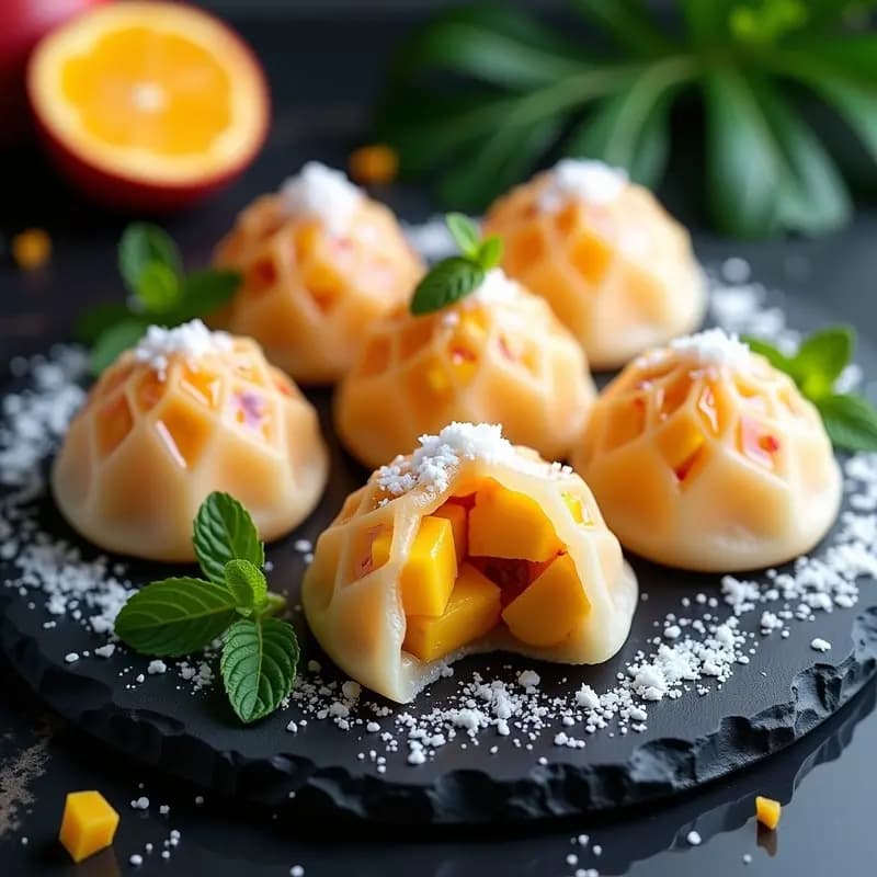 Empanadas de Cristales de Hielo con Relleno de Frutas Tropicales: Postre Colombiano Molecular