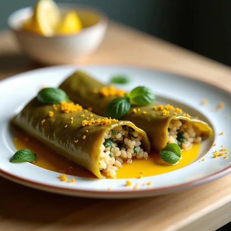 Empanadas de Hojas de Parra Rellenas de Arroz Silvestre y Azafrán