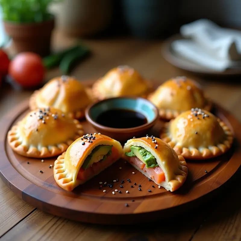 Empanadas de Sashimi: Masa Argentina Rellena de Salmón Crudo, Aguacate y Salsa de Soja
