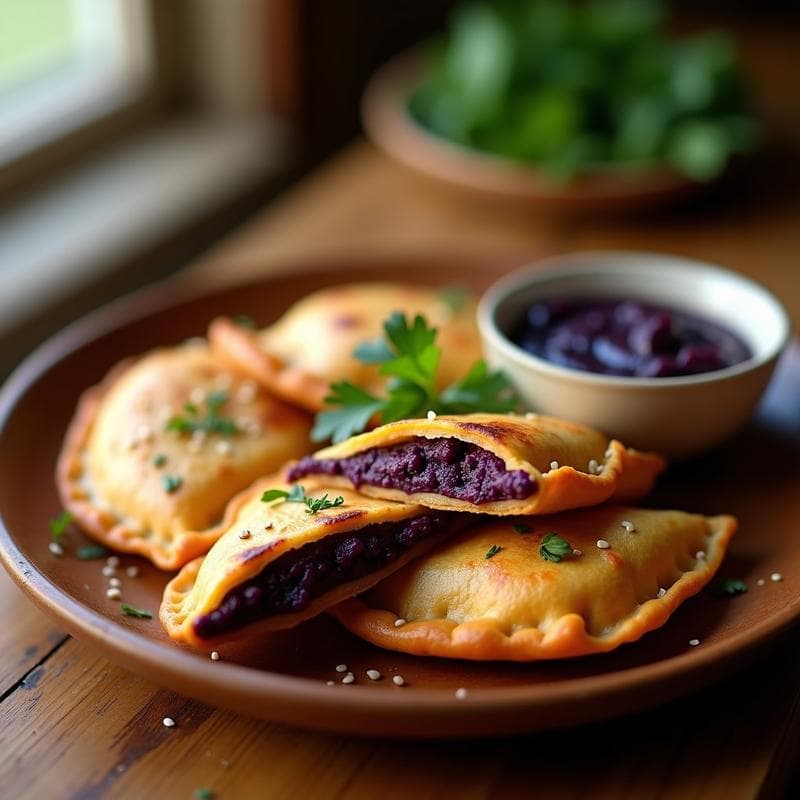 Empanadillas de Batata Morada y Hummus de Garbanzos Negros: Aperitivo Vegano Sin Gluten