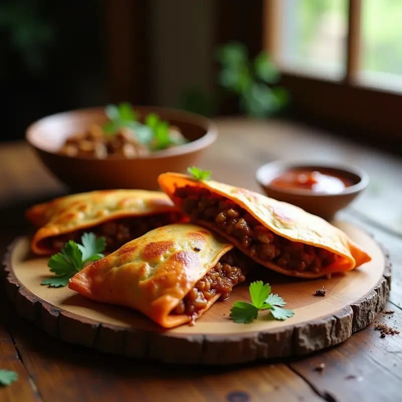 Empanadillas de Masa de Camote Morado con Relleno de Jackfruit Desmenuzado y Salsa BBQ