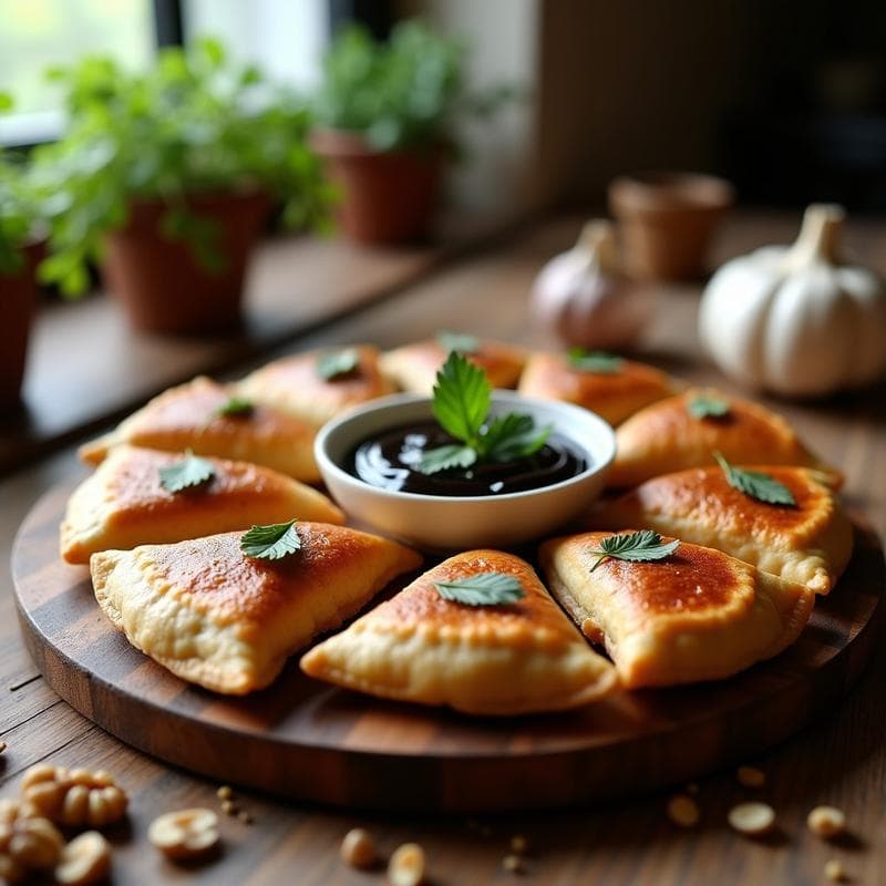 Empanadillas de Espelta y Champiñones con Salsa de Ajo Negro: Aperitivo Español Gourmet