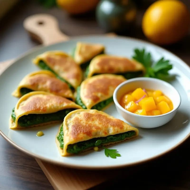 Empanadillas de Espirulina y Queso Vegano con Salsa de Mango: Aperitivo Futurista y Nutritivo